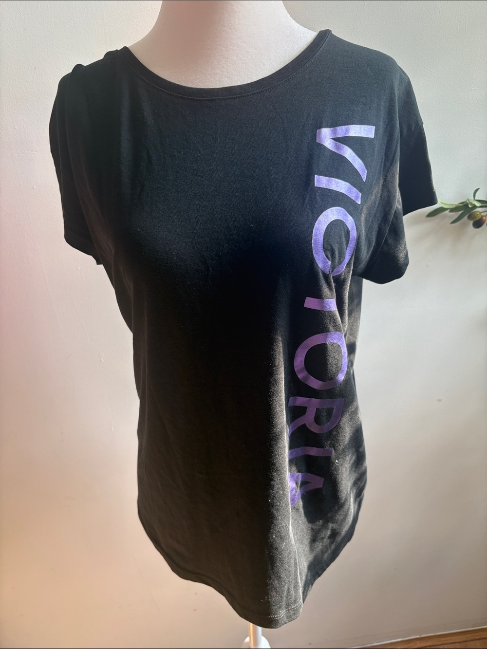 Victoria's Secret Black Tee with Purple Vertical Logo